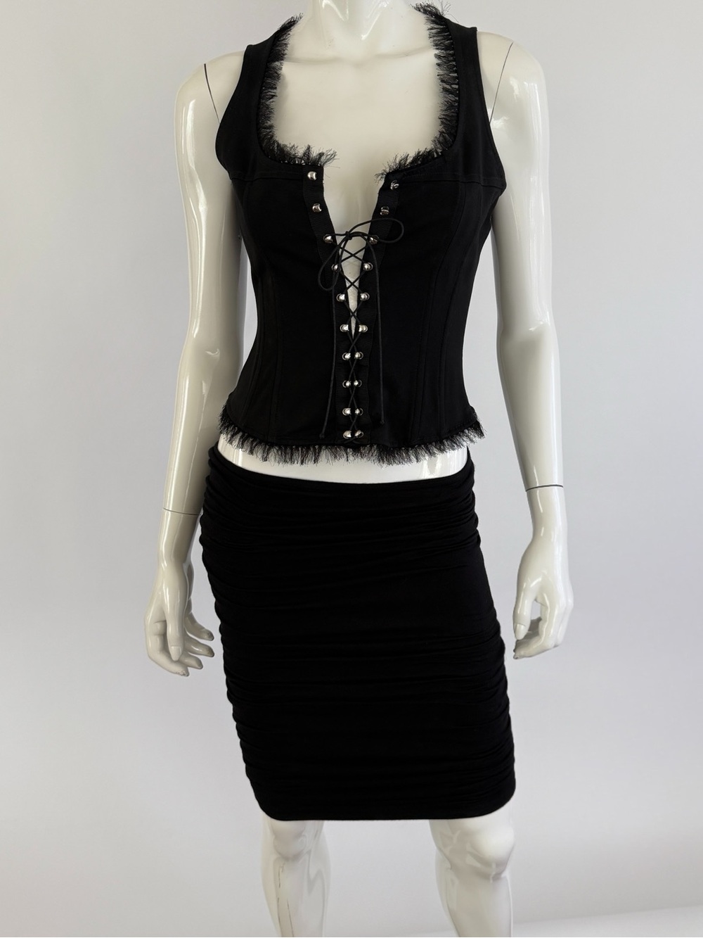 Versace Vintage 90s Black Ruched Bodycon Skirt
